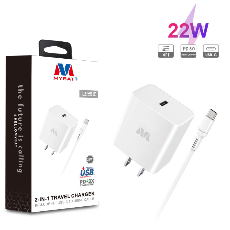 MyBat 2-in-1 22W Travel Charger with 4ft USB-C to USB-C Cable - White
