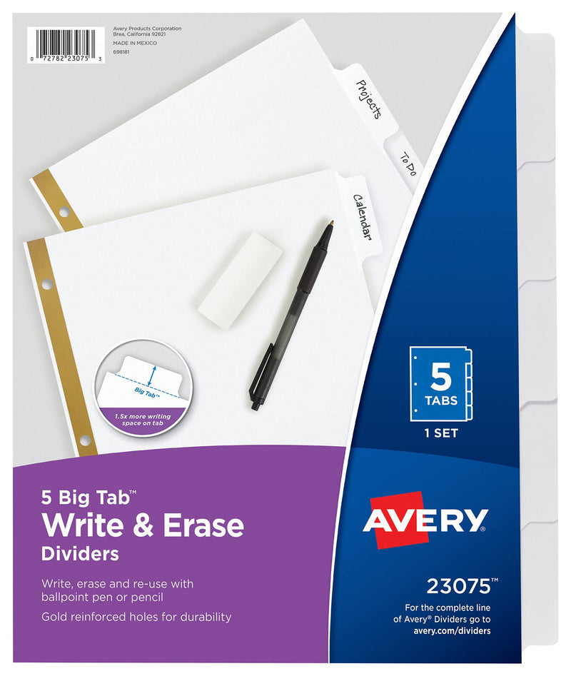 Avery Big Tab Eraseable Write-On Dividers - 5 Write-on Tab/Set